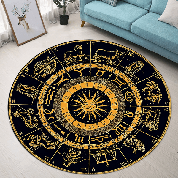 Golden Zodiac Pattern Round Rug Carpet Washable Rugs