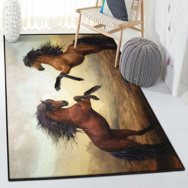 Large 2 Stallions Rug Rectangle Rugs Washable Area Rug Non-Slip Carpet For Living Room Bedroom