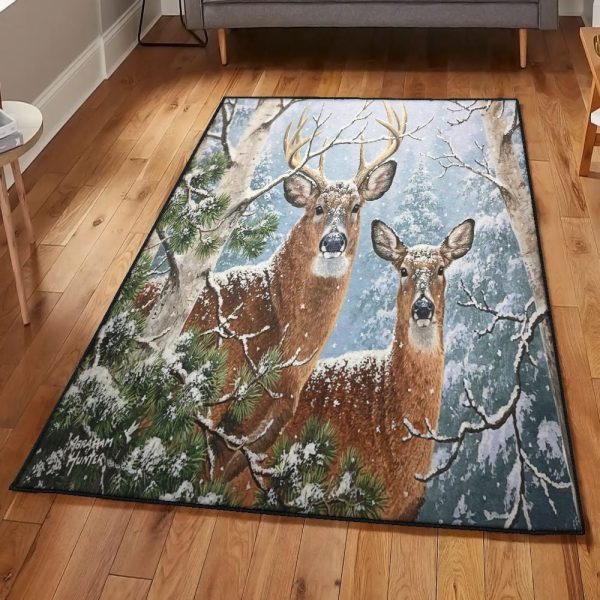 Deer Hunting Season Cool Rugs Winter Whitetail Deer Painting 1206Lb Rug Rectangle Rugs Washable Area Rug Non-Slip Carpet For Living Room Bedroom