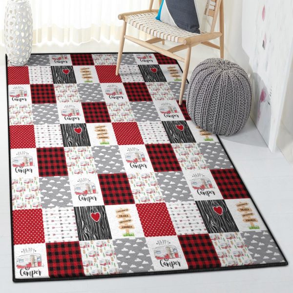 Camping Modern Rugs Happy Camper Rug Rectangle Rugs Washable Area Rug Non-Slip Carpet For Living Room Bedroom